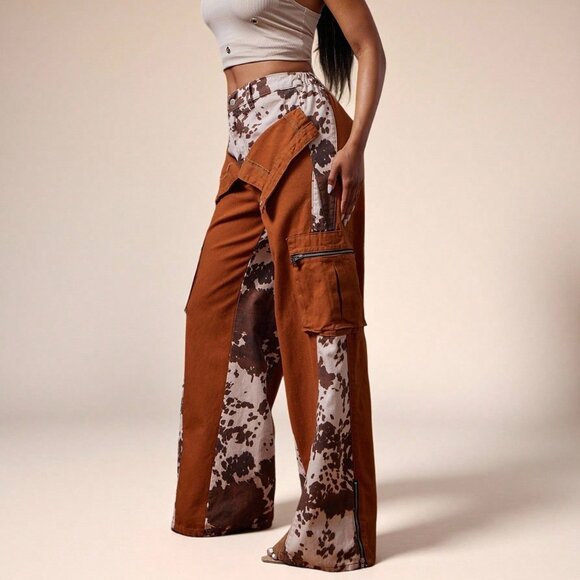 Multicolor Casual Women's Leopard Print Baggy Cargo Fold Over Jeans - Picture 3 of 5